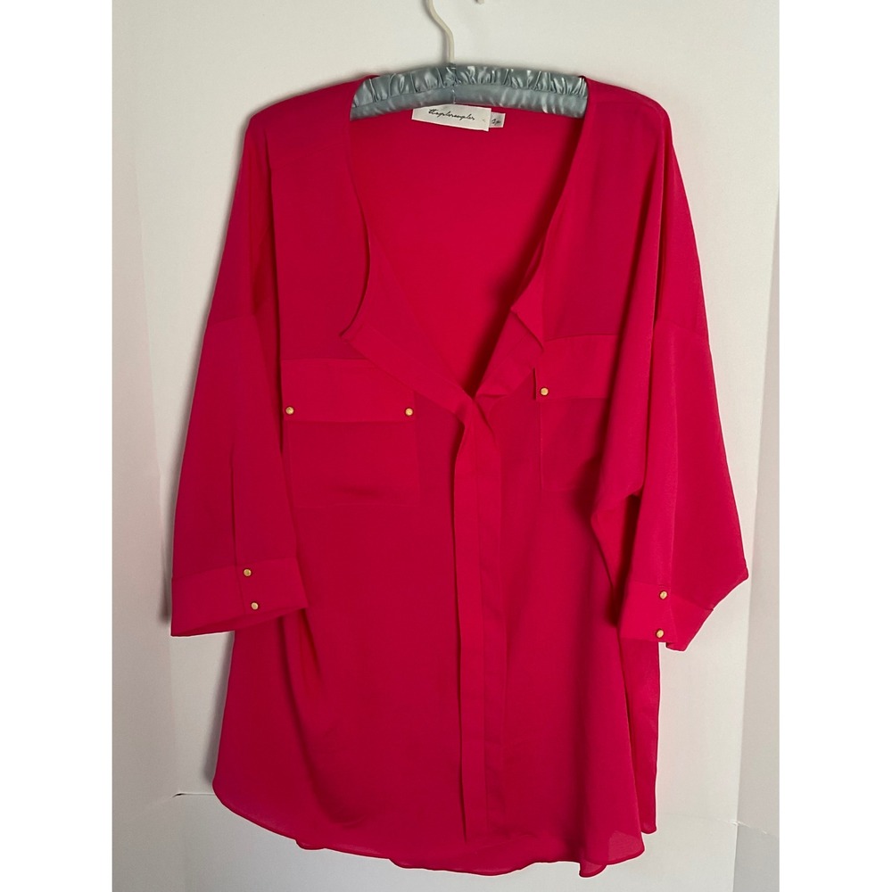 T-Bags Los Angeles Hot Pink Viscose Tunic Blouse Gold Studs Made in USA Size 1X